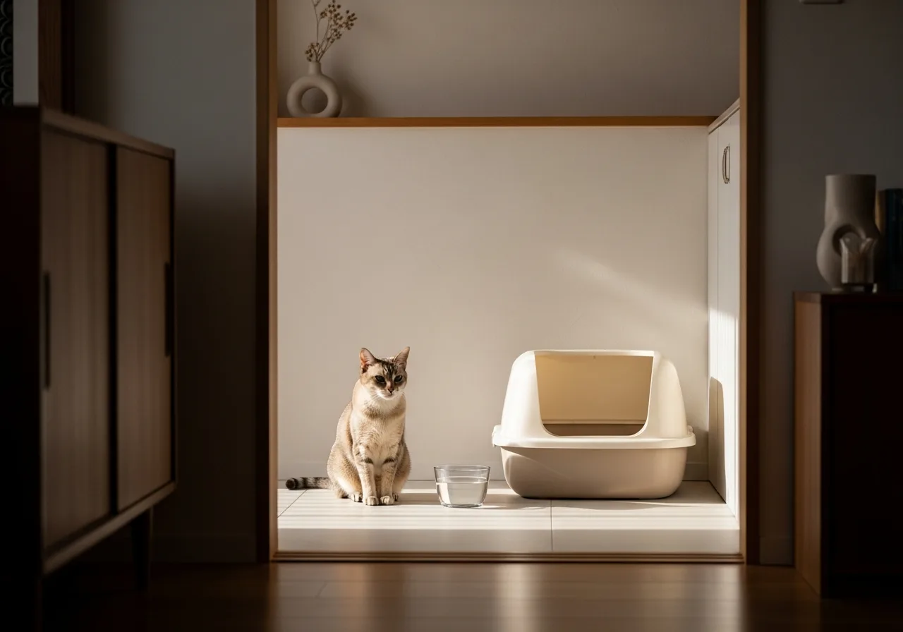 Kat naast de kattenbak en waterbak