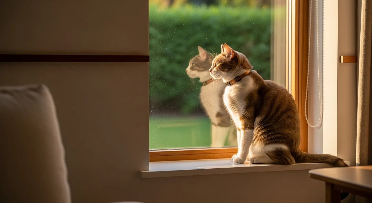 Kat op de vensterbank die naar de tuin kijkt