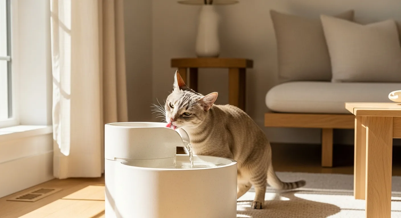 Kat die fris water uit een drinkfontein drinkt
