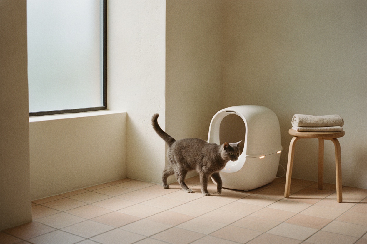 Grijze kat loopt kalm weg van een zelfreinigende kattenbak in een lichte badkamer.